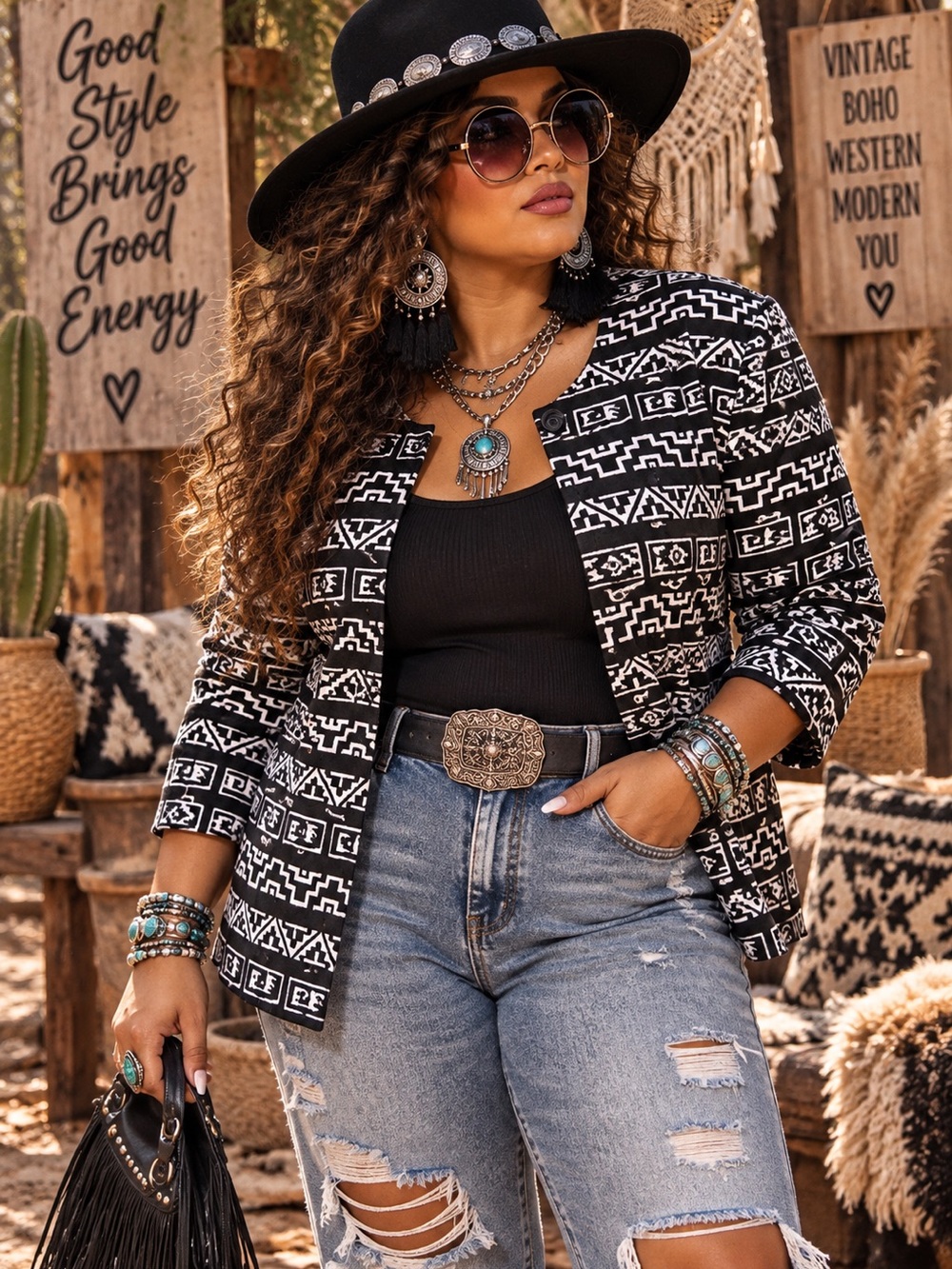 Chicos Aztec Tribal 100% Cotton Black & White Printed Open Jacket